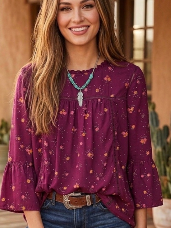 Old Navy Tops - Old Navy Floral Boho Peasant Blouse Medium Maroon Bell Sleeve Cottagecore